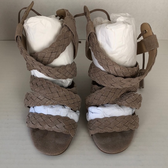 BCBG Sandals Taupe Suede Chunky Heels Size 6.5 Strappy - Picture 2 of 14